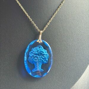 Vintage Necklace w Blue Crystal Pendant Reverse Carved Flower Bouquet
